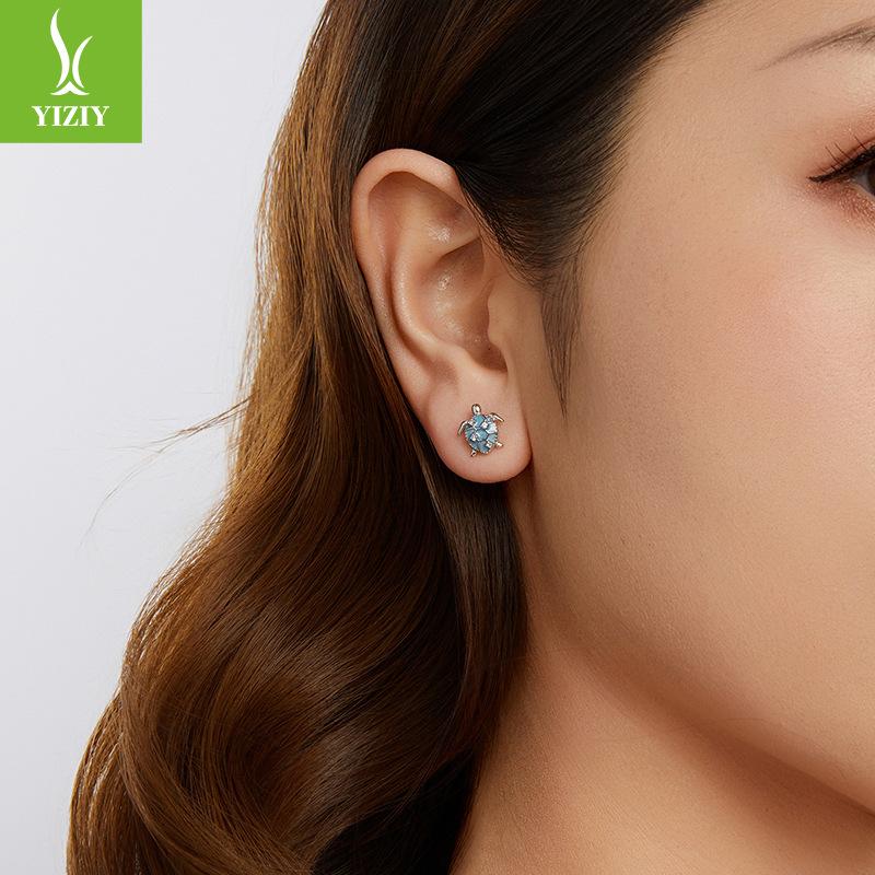 Boucles d'oreilles puces tortue bleue en argent sterling S925, Accessoires début de printemps Boucles d'oreilles puces en argent sterling