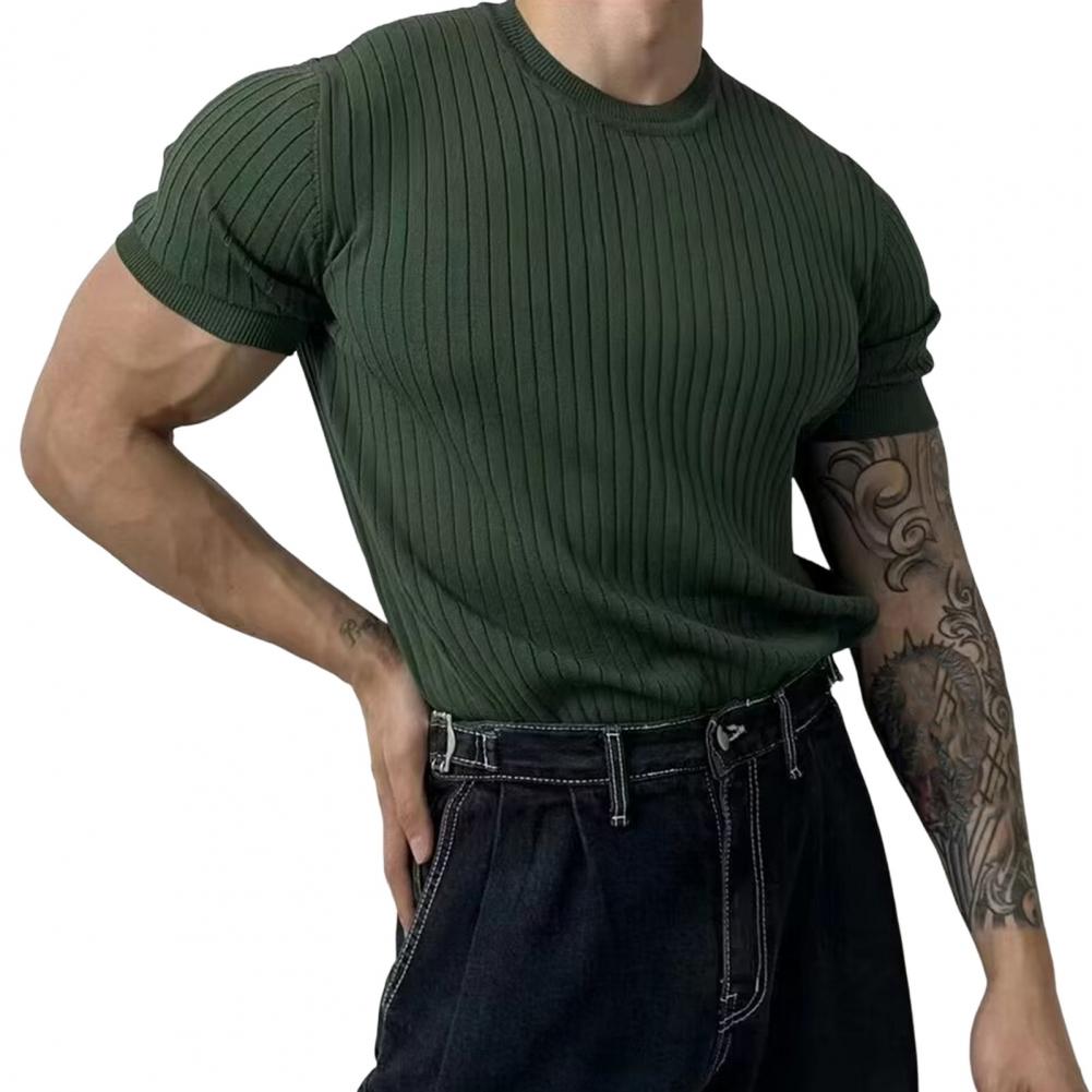 Men Summer Sport T-shirt Knitted Thread Elastic O Neck Slim Fit Solid Color Short Sleeves Pullover Workout Gym Training Top