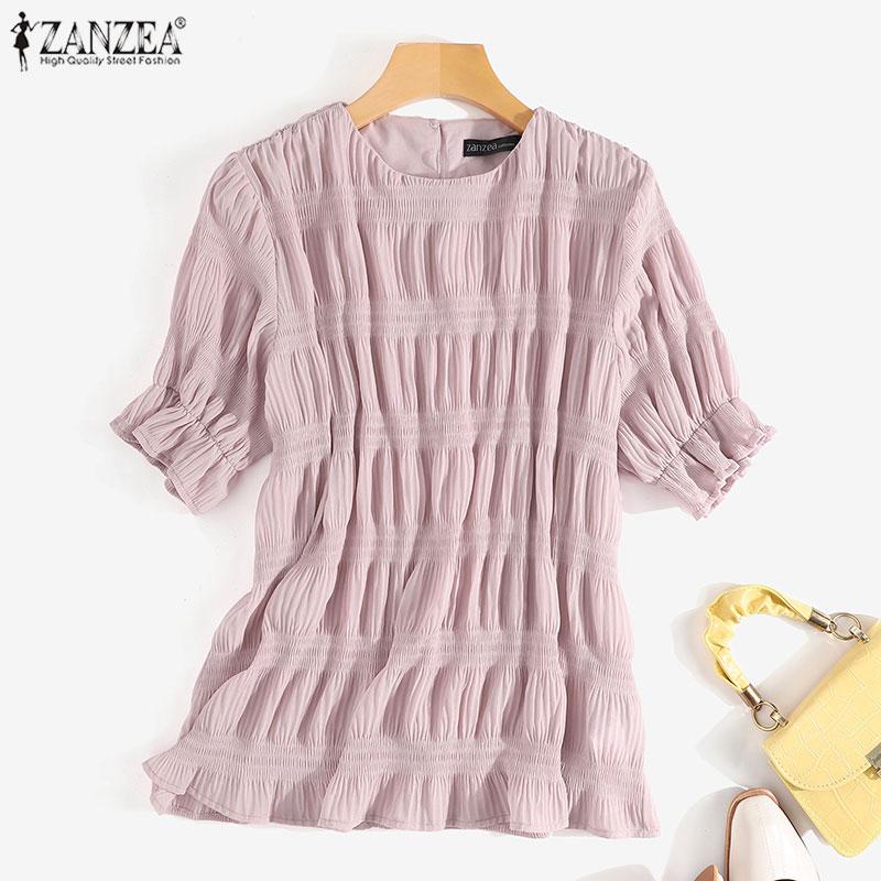 

ZANZEA Женщины O-образный вырез Блузка с коротким рукавом Топы Сплошной цвет Лето Slim Fit Футболка #2