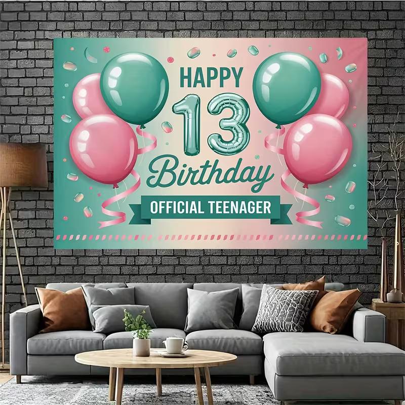 2D Official Teenager 13th Birthday Backdrop, Teal Pink Party Photography Background Cloth