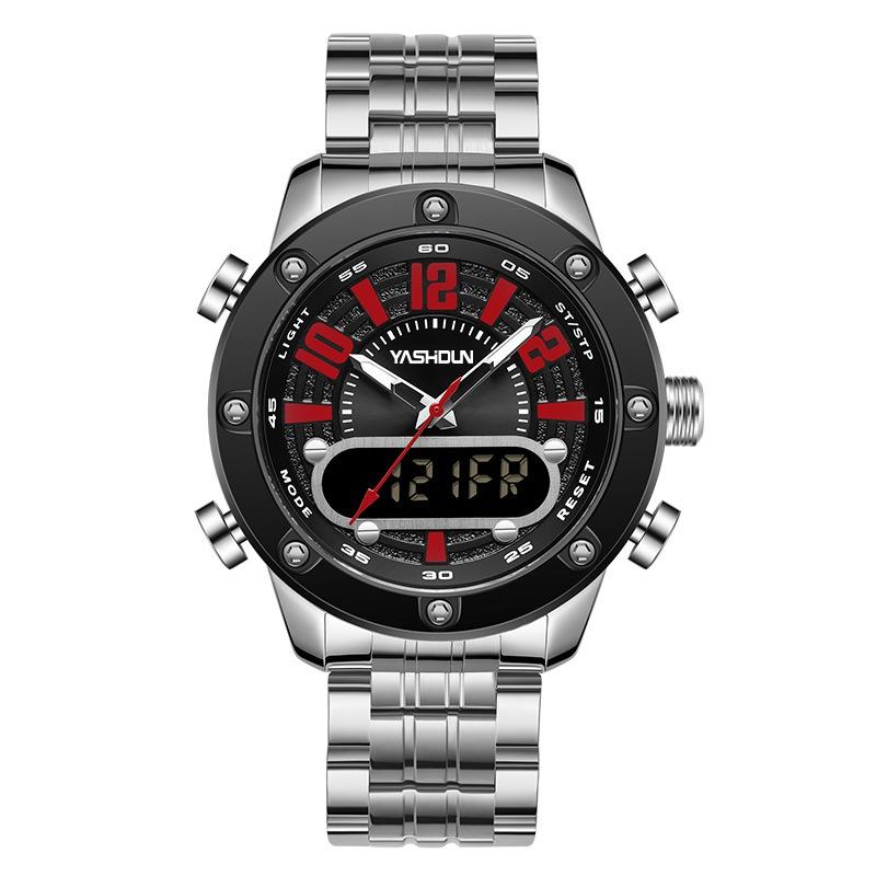Top Brand Multifunctional Dual Display Electronic Watch Sport Men's Watch Steel Strap Quartz Wrist Watch