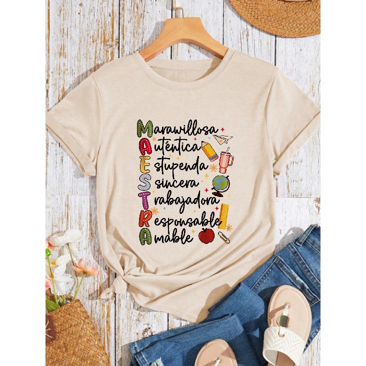 Minimalist and Unique Summer Women's Fashion New Arrivals Maestra Teacher's fun word print top, round neck, everyday casual fashion, vintage