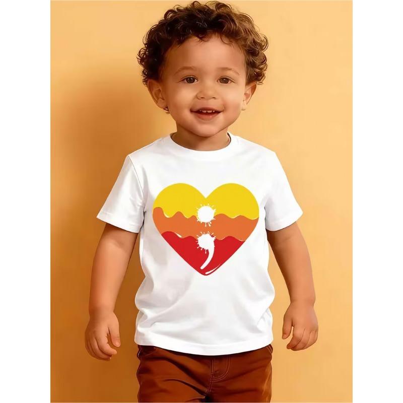 European Size Boys Round Neck Short Sleeved T Shirt with Heart Pattern