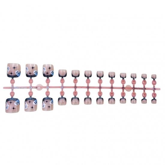 24Pcs Halloween Black Glitter French Press On Toenails White Ghost Fake Toe Nails Short Square Glossy Cute Ghost Full Cover Acrylic Stick On Toenails