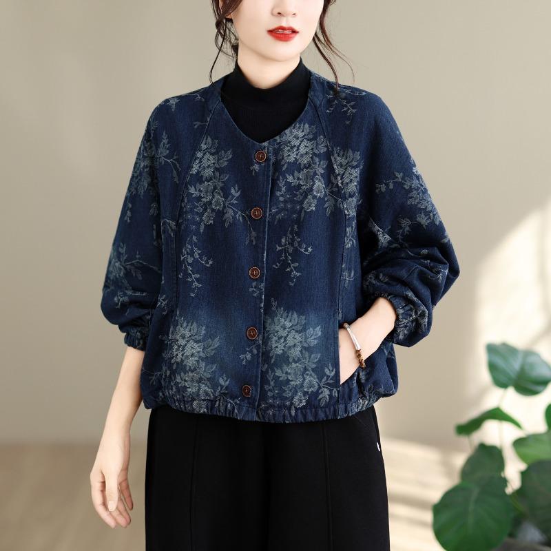 DIMANAF 2026 Autumn Winter Plus Size Women Denim Jackets Jeans Blue Coat Casual Long Sleeve Print Floral Loose Buttons Vintage Outwear