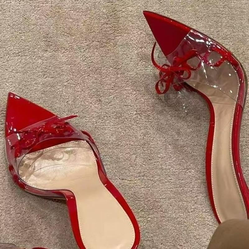 Fashion Red Patent Leather Mules Women PVC Bow Pointed Toe Slender Stiletto Heel Lace Up Super High Heel Party Dress Slippers