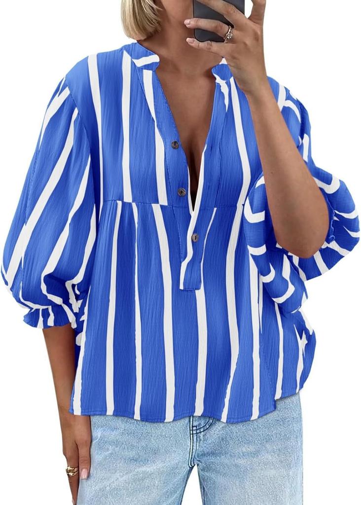 Amazon cross-border Europe, America and 2026 summer and autumn new women's clothing striped shirt bubble sleeves loose top popular women