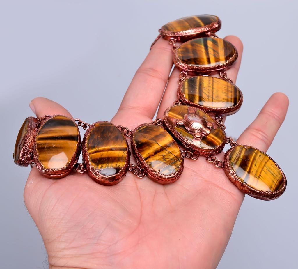 Oval Natural Tiger Eye Copper Chain Electroformed Sisters Gift Necklace Jewelry V-87