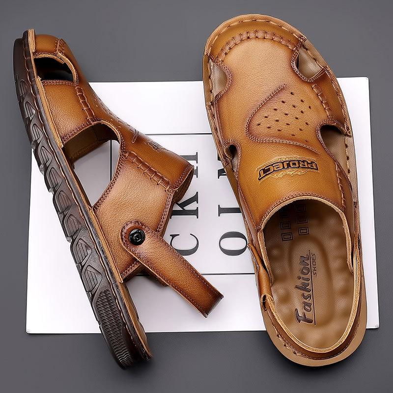 2025 men's shoes summer leather beef tendon sole sandals men's bag head beach shoes summer casual outdoor dual-purpose sandals non-slip