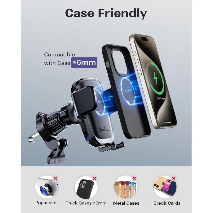 KPON Wireless Charger for Car, Car Phone Holder Charger Mount Qi Certified Auto Clamping 15W Fast Charging for Dashboard Air Vent Windshield Mount