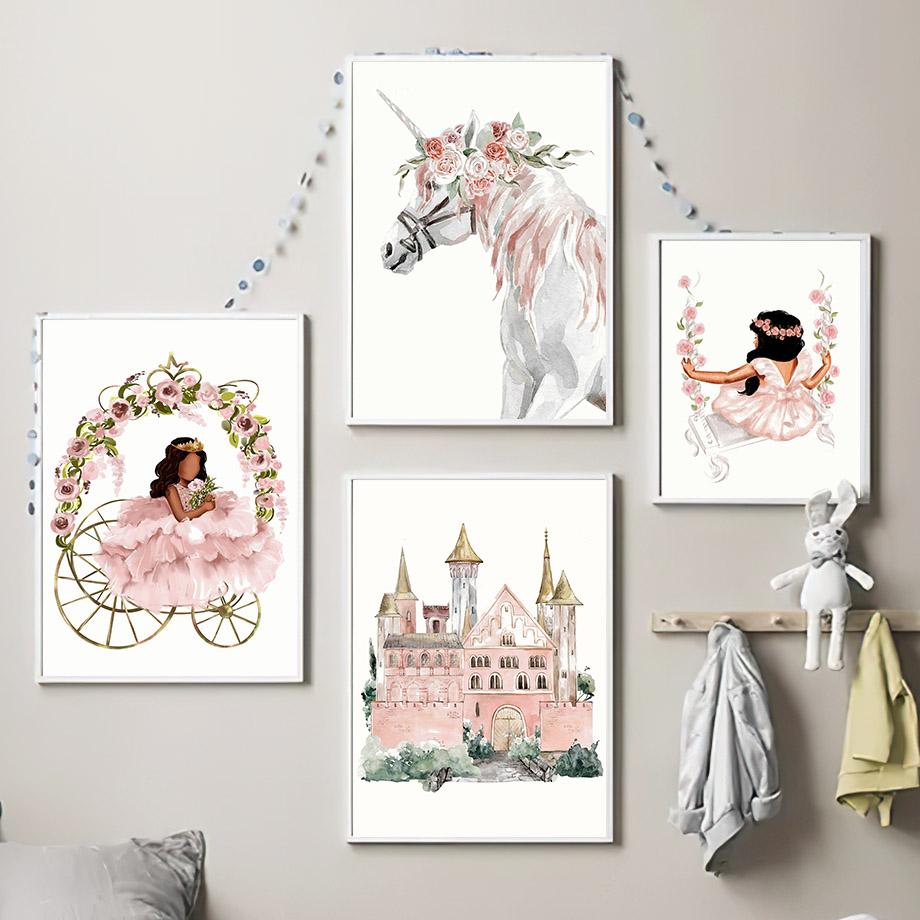 Watercolor Black Girl Flower Swing Unicorn Castle Wall Art Canvas Painting Posters And Prints Wall Pictures Baby Kids Room Decor