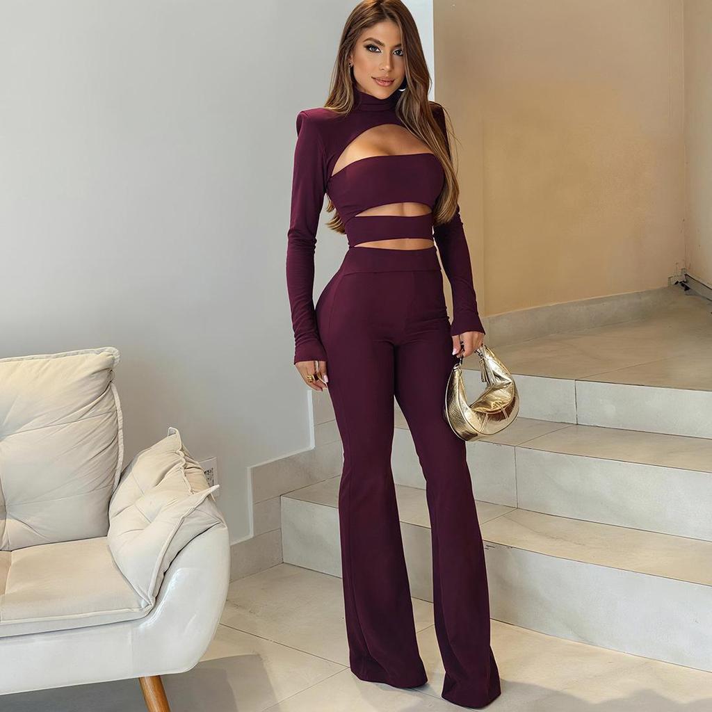 2025 Autumn European & American High-Neck Solid Color Slim-Fit Hollowed-Out Jumpsuit Set