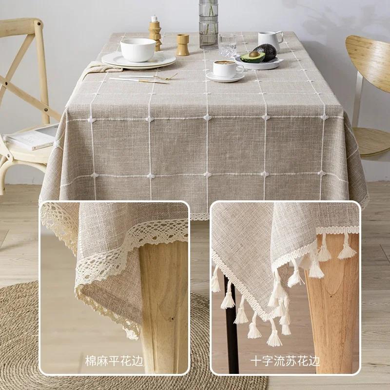 Cotton Linen Embroidery Tassel Tablecloth,Grey Large Square Dust-Proof Table Cover,for Kitchen Dinning Coffee Tabletop Decor