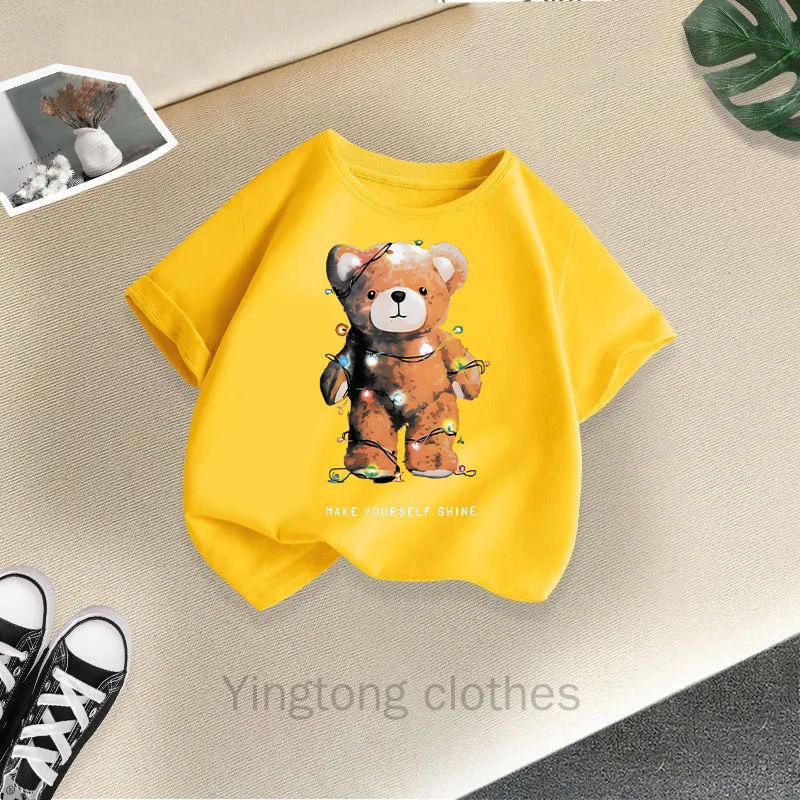 Summer Clothes for Boys and Girls, Short Sleeved T-shirts, Summer New Styles, Teddy Bear Printed Girls' Tops, Children's Clothing Trend
