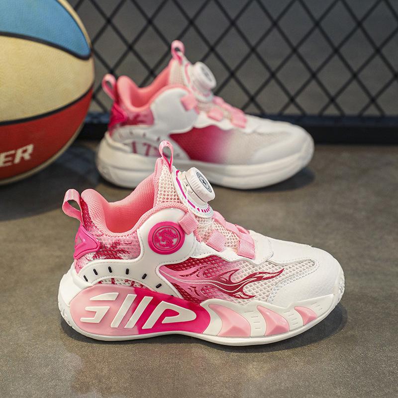 Spring and summer children's sports shoes girls and boys button running shoes mesh breathable middle and older children's casual shoes basketball sho