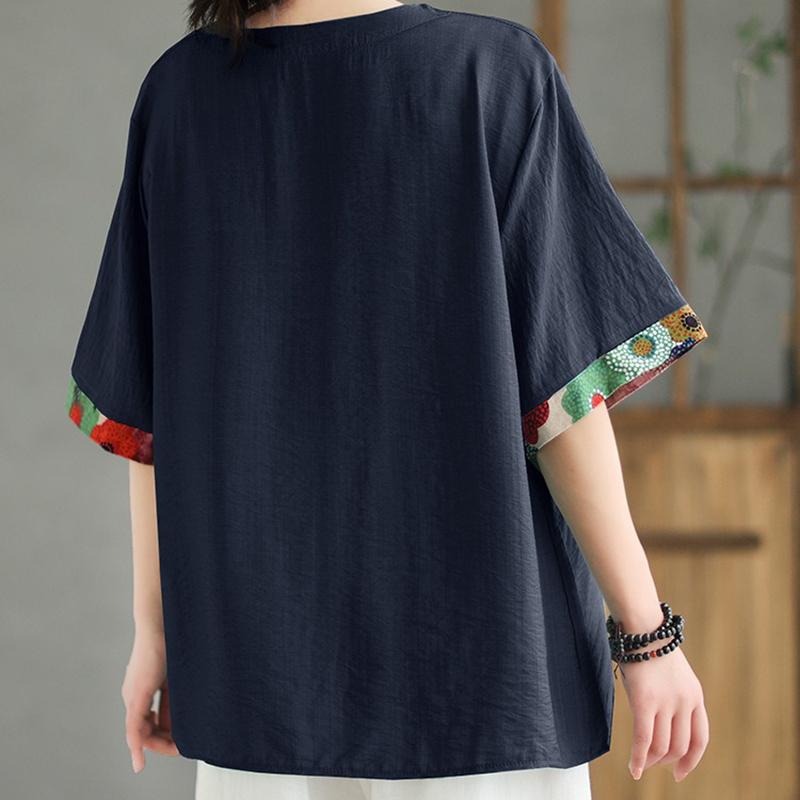 Vintage Crew Neck Short Sleeve for Women Summer Floral Print Patchwork Cotton Breathable T-shirt Loose Lightweight Comfortable Work Vacation T-shirt