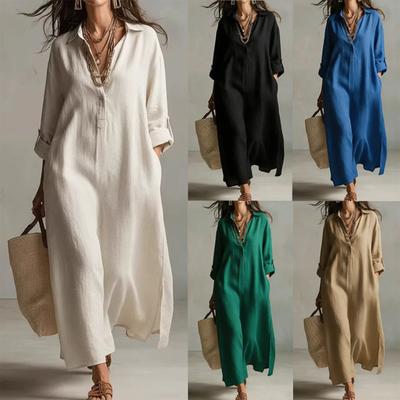 Nuevos Vestidos de Algodón y Lino Primavera/Verano: -Vestidos Largos de Manga Larga con Cuello de Color, Vestidos de Corte Relajado