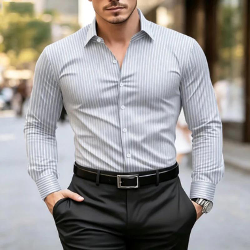 Chemise rayée essentielle pour homme à manches longues, idéale pour le bureau et le quotidien.