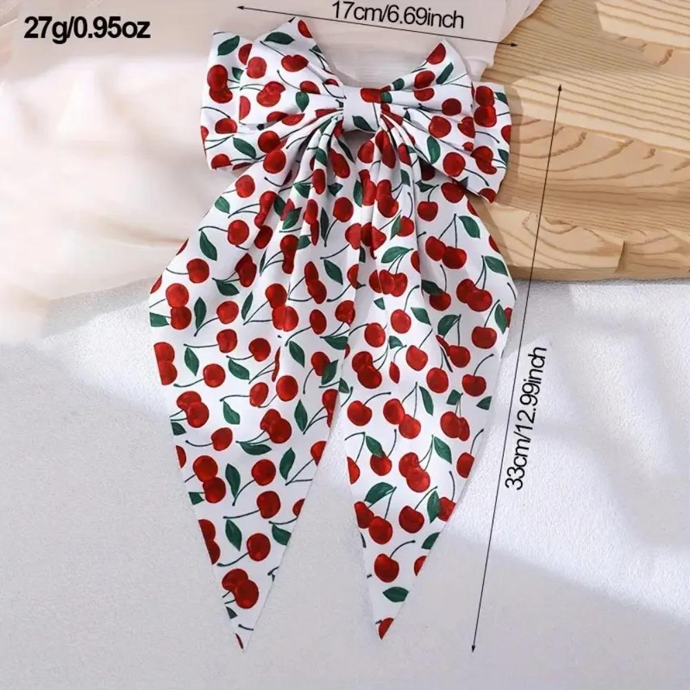 Double Layer Bow Spring Hair Clip Cherry Print Ponytail Hairpin Long Ribbon Fabric Hair Clip Girls Sweet Elegant Accessories New