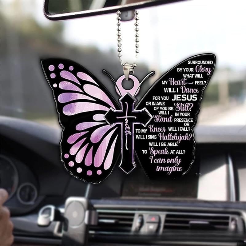 Car Mirror Hanging Accessories, Rearview Mirror Butterfly Ornaments Christian Car Accessories, Car Rosary, Cross, Driver Easter Religious Gifts, Auto