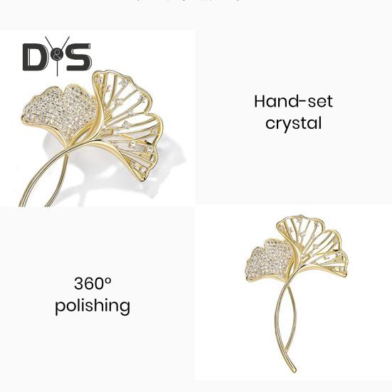 Women Elegant Ginkgo Leaf Shape Brooch Shiny Rhinestones Inlaid Pin Suit Collar Shawl Scarf Badge Costume Accessories