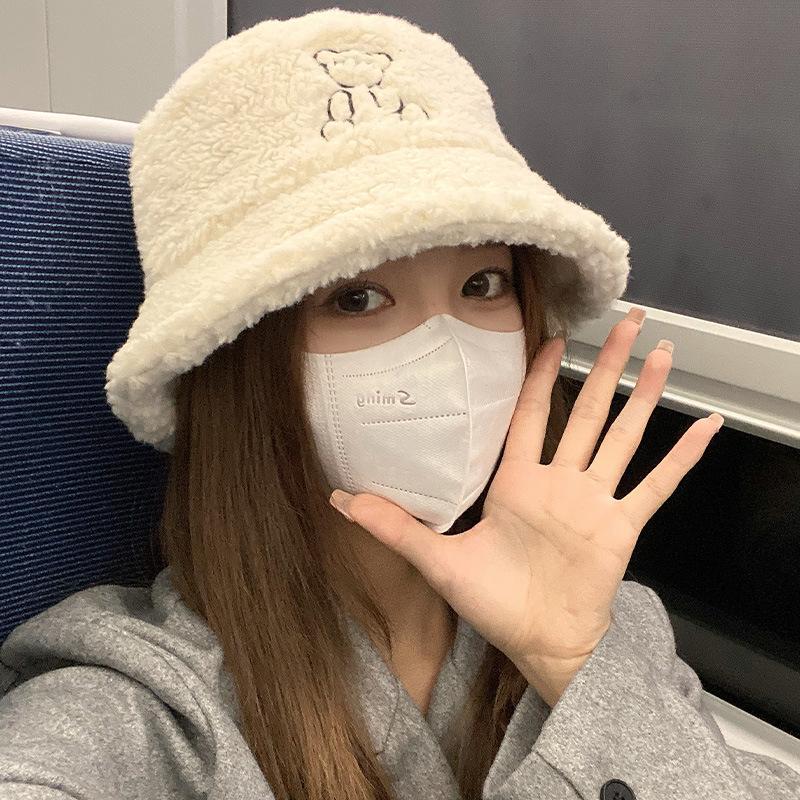 Embroidered Cartoon Bear Lamb Velvet Fisherman Hat Korean Style Trendy Winter Travel Versatile Warm Fashionable Sweet Pot Hat