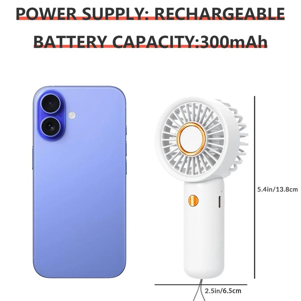 Portable Handheld Fan, USB Rechargeable 3-Speed Mini Personal Fan, for Makeup, Travel, Office & Bedroom
