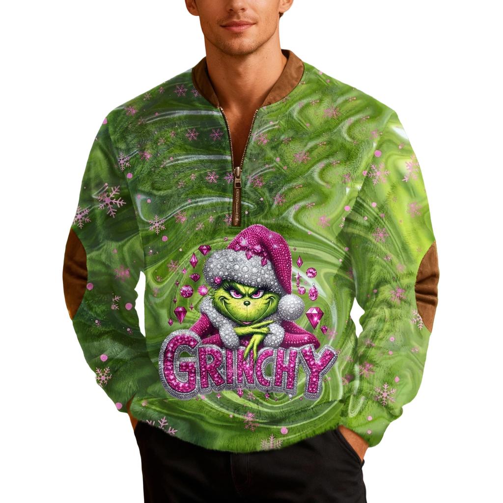 Mens Christmas Zip Up Sweatshirts Xmas Stand Collar Pullover Tops