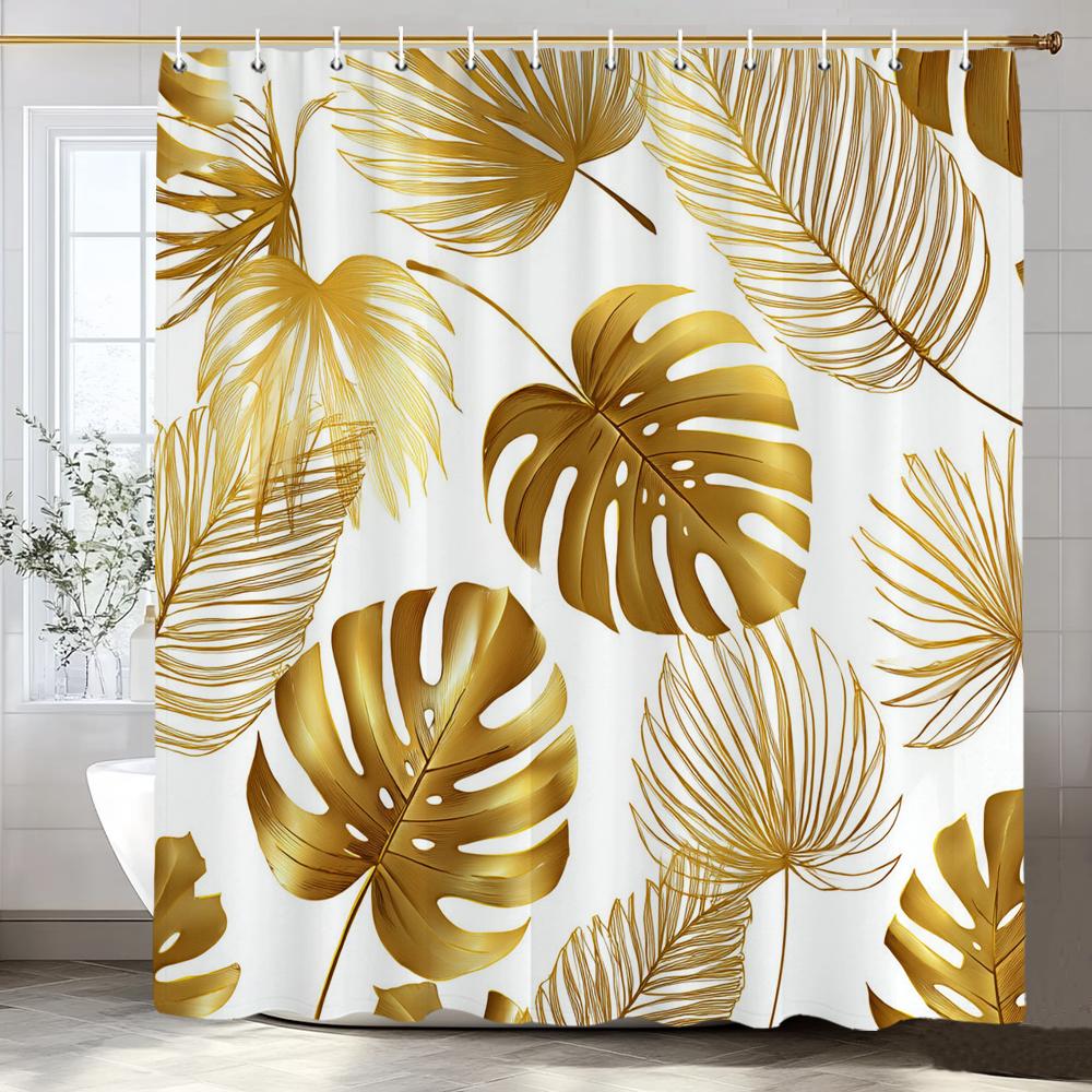 Tropical Banana Golden Leaf Shower Curtain, Bathroom Decorative Shower Curtain, Printed Fabric Home Curtain with Hooks