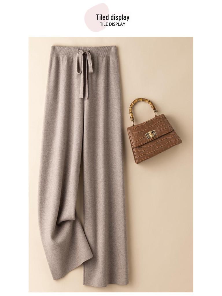 Women's White Wool Knit Wide-Leg Elastic High-Waist Floor-Length Pants — Autumn/Winter Drapey, Loose-Fit, Versatile, Straight-Leg Pants