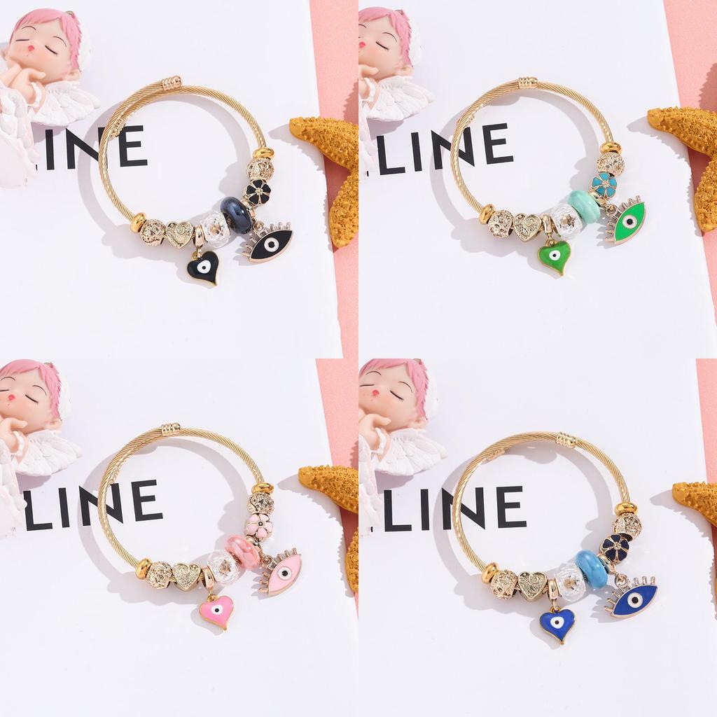 Stainless Steel Jewelry Womens Geometric Heart Eye Charm Bracelet With Crystal Open Cuff For Gift Giving