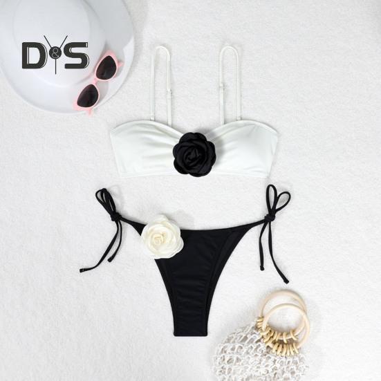 2Pcs/Set Women Bikini Set Sling Flower Decor Bra Lace-Up Briefs Set Three-Dimensional Flowers Adjustable Shoulder Straps Swimsuit