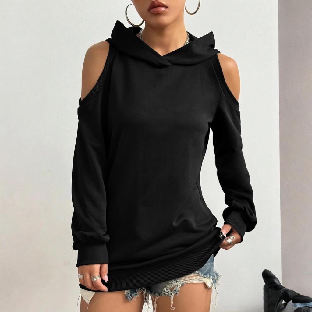 Dammode Casual Enfärgad Långärmad Off-shoulder Huvtröja