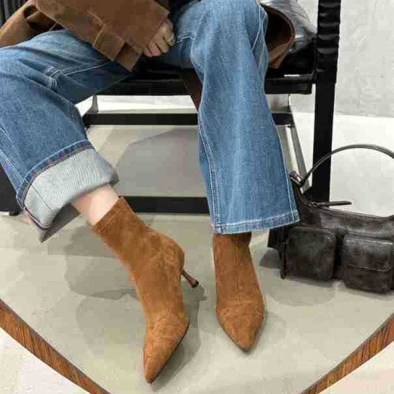 

Французский котенок и короткие ботинки женские остроносые замшевые на высоком каблуке эластичные тонкие ботинки ретро шпилька и голые ботинки 39 коричневый
