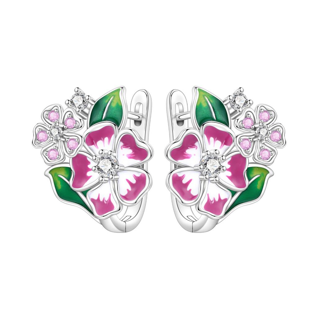 Original NEW S925 Silver Pink Purple Flowers Plants leaf Series Earring Hoop Earrings Women Jewelry Party Gifts
