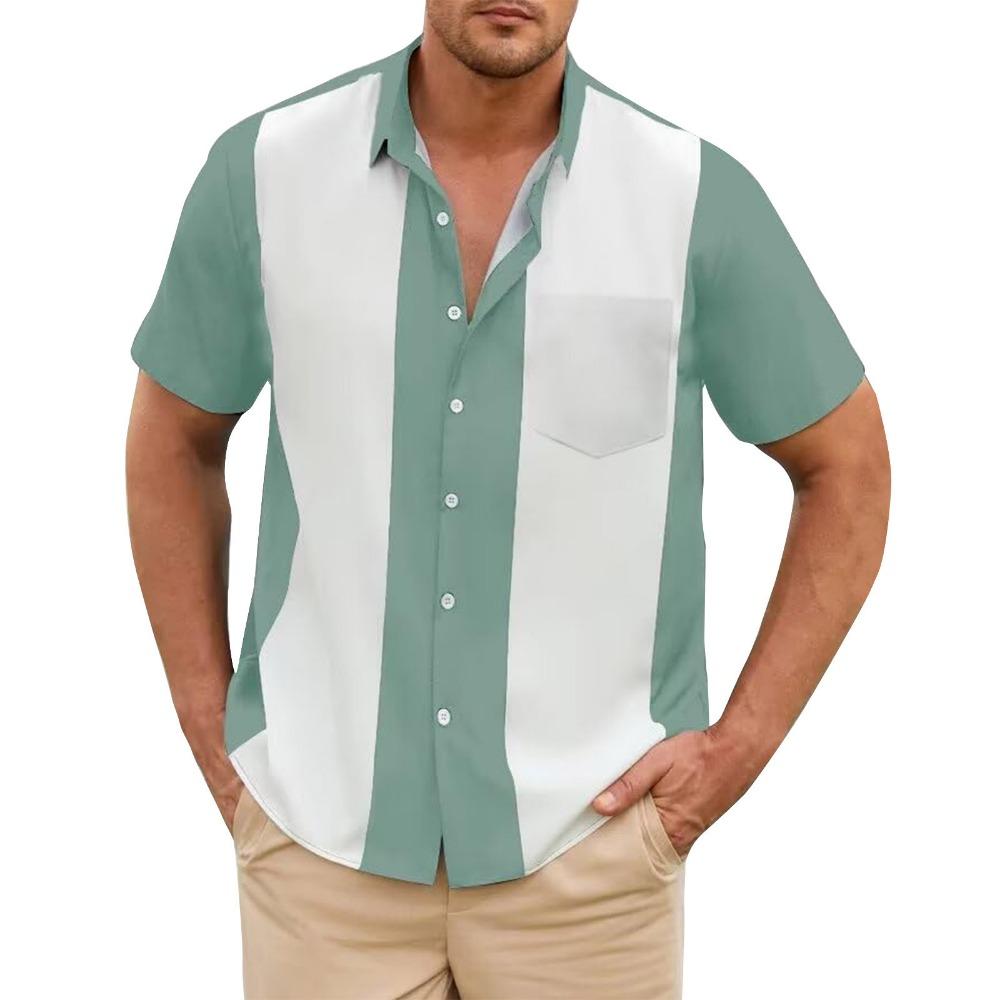 Fashion Business Stripped Splicing Shirt For Men Vintage Casual And Versatile Button Down Bowling Short Sleeve Summer T-Shirt