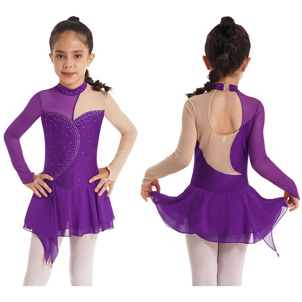 Κορίτσια Junior Sparkly Sequins Μακρυμάνικο Φόρεμα Χορού Leotard Στολή Διαγωνισμού καλλιτεχνικού πατινάζ Όμορφα ενδύματα χορού