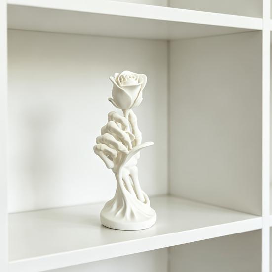 Skeleton Hand Holding Rose Ornament, 3D Printed Gothic Dark Aesthetic Niche Decor, Stable Base Compact Figurine for Home Desk Bookshelf
