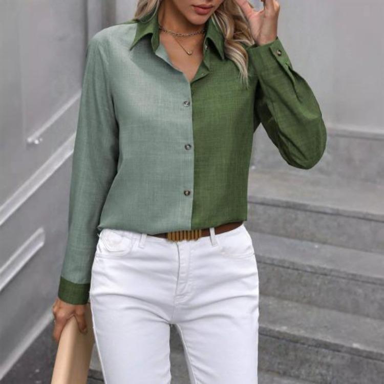 Women Long Sleeve Shirt Lapel Color Blocking Casual Tops Daily Wear Single Breasted Regular Fit