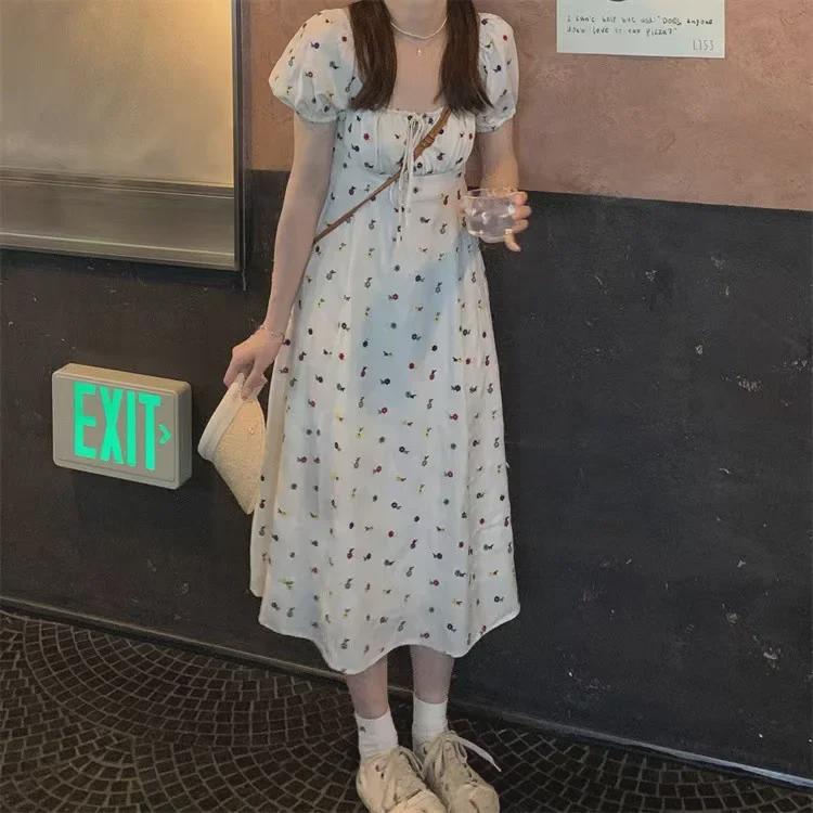 French Floral Milk Tea Dress - Puff Sleeve Waist-Slimming Summer Style for Women
