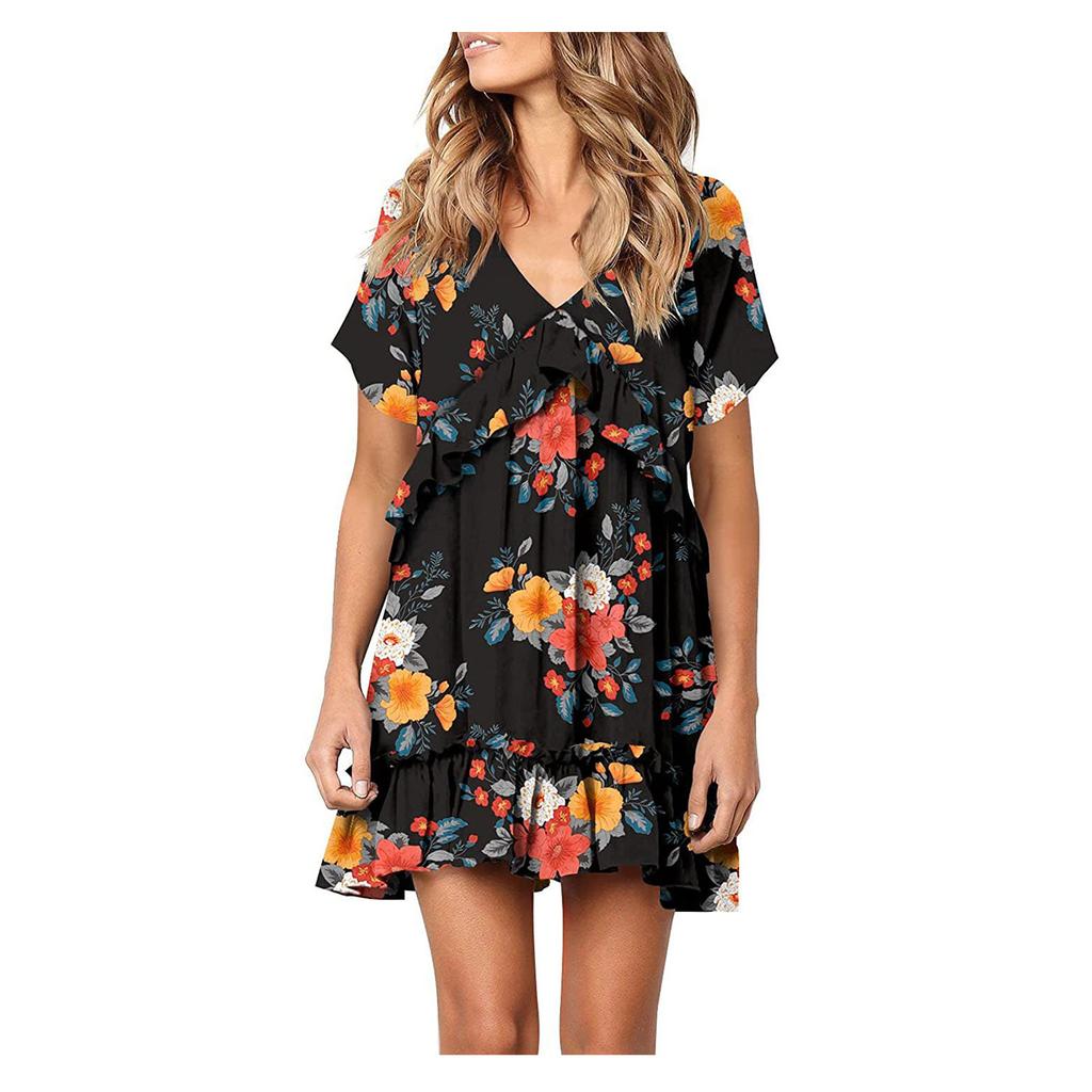 Fashion Women V-neck Printed Short Sleeve Dress Fresh Girly Style Dress