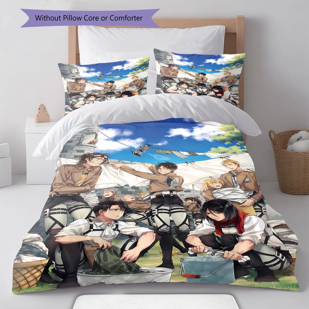 Attack On Titan Pattern Bedding,Quilt Set Quilt Cover Pillowcase Home Birthday Gift (1 * Duvet Cover + 2 * Pillowcase, Without Core)
