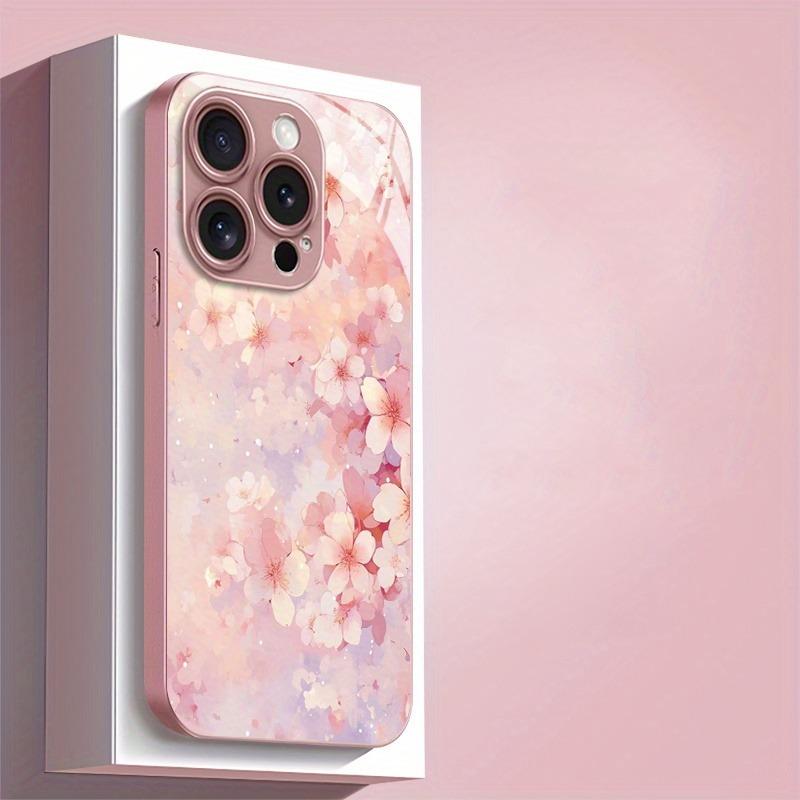 Art Cherry Blossoms Pattern Metallic Paint Glass Hard Phone Case For iPhone 17 Pro Max 11 12 13 14 15 16 Plus 16E 17Air Cover