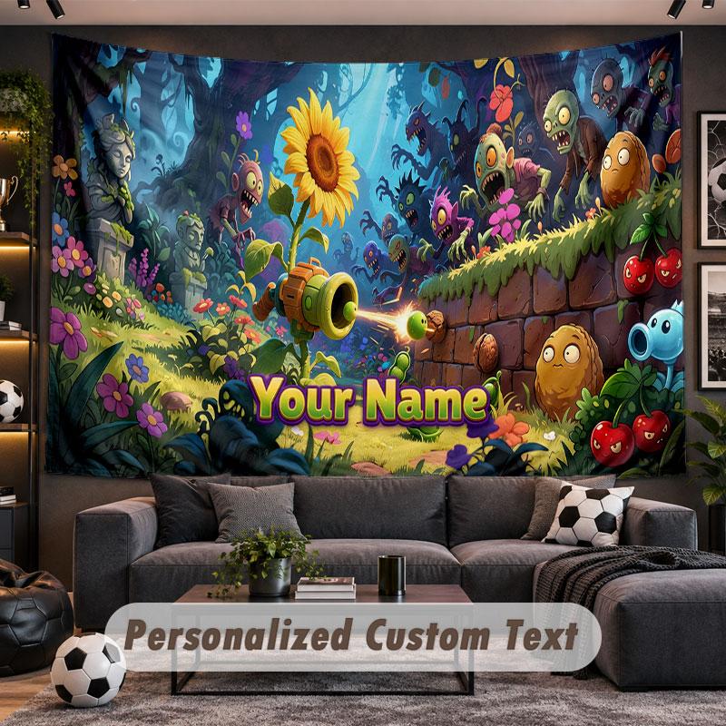 Wall Hanging Tapestry Custom NamePlants vs. Zombie Pattern Personalized Printed Fabric Wall Decor