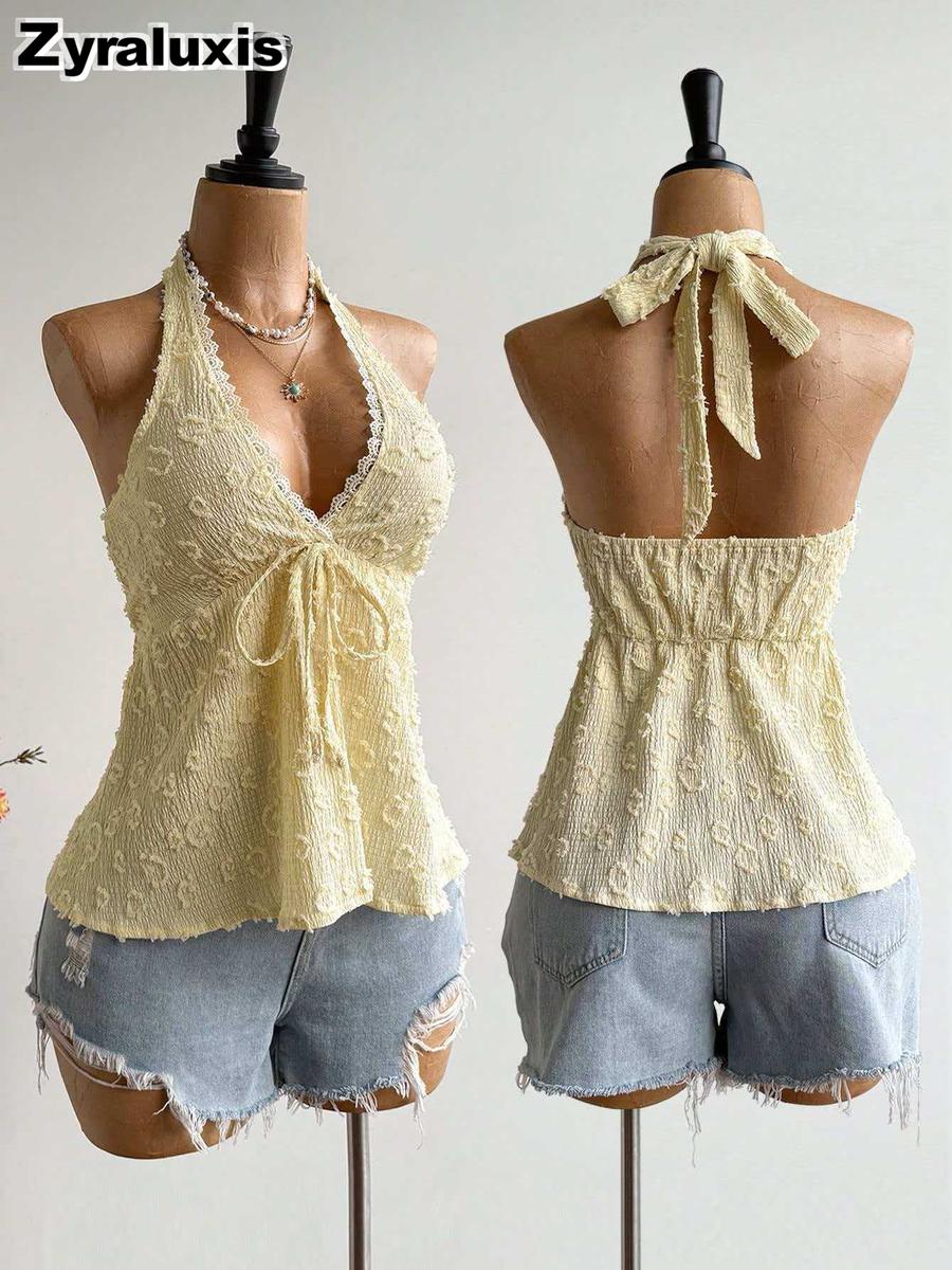 Women s Swiss Dot Camisole Tank Top - Sexy Lace-Back Cami with Bow S жёлтый