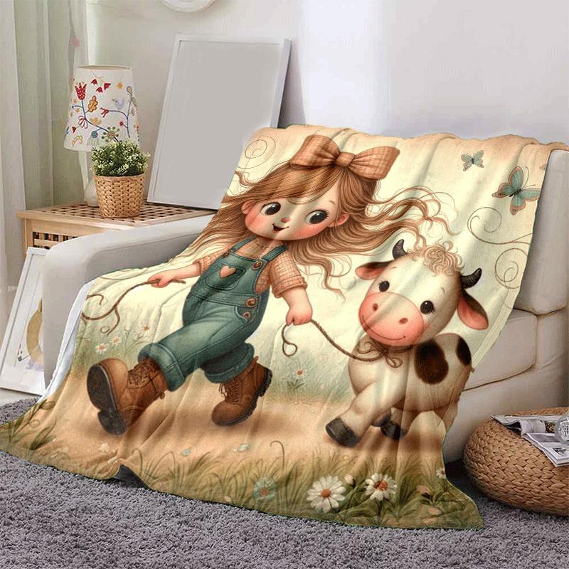 

1pc Dairy Cow Printing Lightweight Flannel Blanket, Comfortable and Warm Blanket, for Camping Sofa Bed and Couch Office, in All Seasons 130cmx150cm