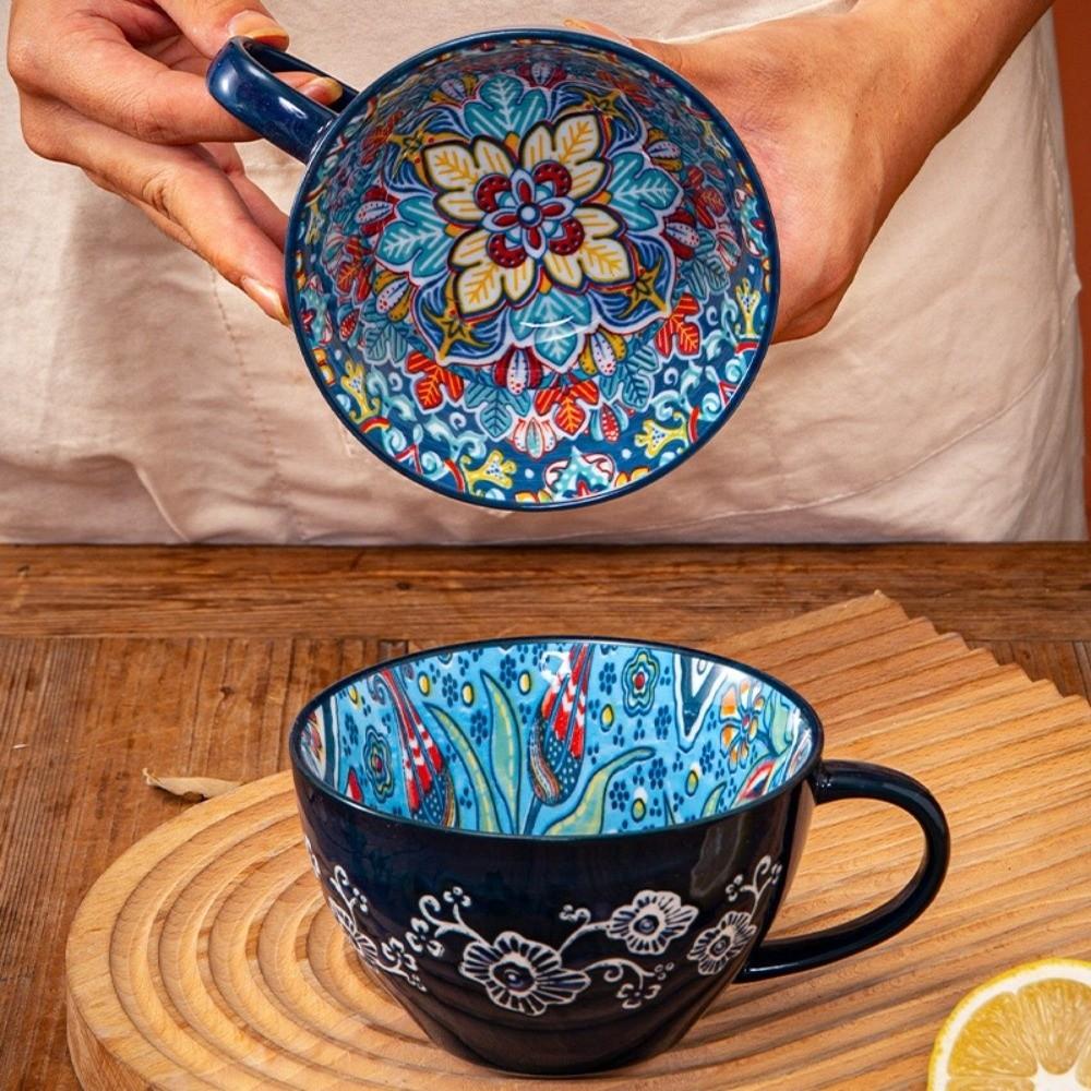 15oz Capacity Boho Ceramic Cup Hand Painted Heat Resistant Ethnic Style Ceramic Mug Microwave Safe Ceramic Milk Coffee Mug