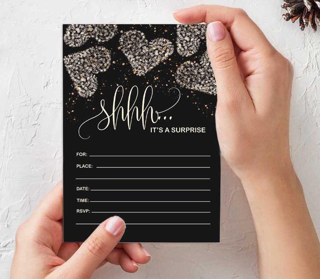 Inkdotpot Pack Of 30 Surprise Party Birthday Invitations With Envelopes, Black Retirement Party, Bridal Shower, Baby Shower Fill In Style Invites