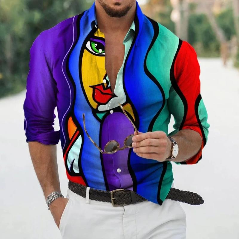 Fashion Long Sleeve Lapel Button Up Plus Size Shirt Men 3d Print Blouse