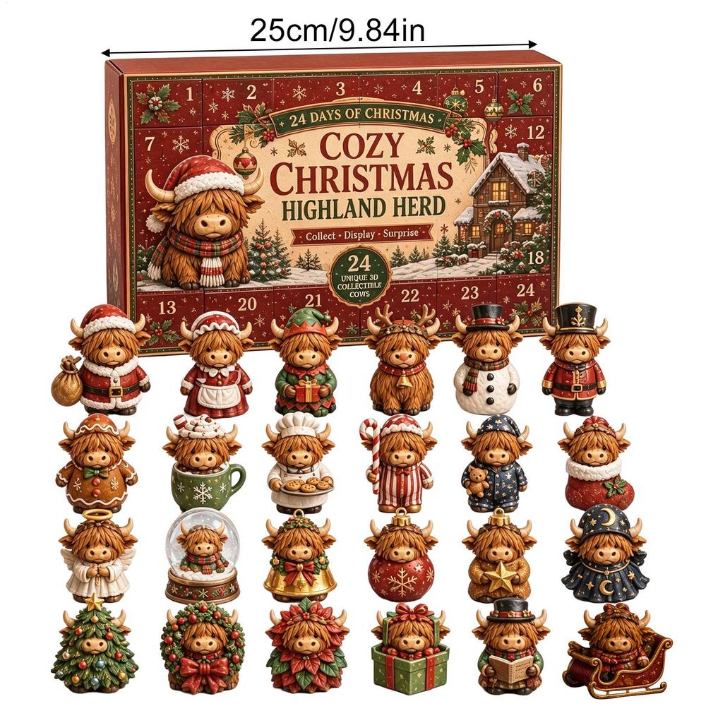 2026 Cute Highland Cow Advent Calendar 24 Days Christmas Countdown Mini Highland Cow Figurine Christmas Gift Navidad Home Decor
